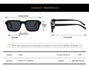 Detailed size chart for retro square sunglasses showing dimensions in cm and inches