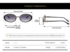 Size chart showing 14.5cm width and double heart temple details for oval metal sunglasses