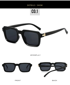 Detailed views of black square sunglasses featuring gold metallic hinge accents and dark lenses