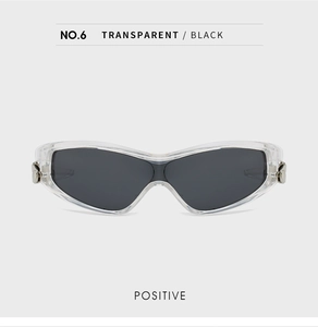 Vue de face de lunettes de soleil sport enveloppantes transparentes à verres noirs