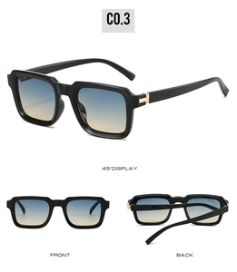 Three views of square sunglasses with gradient lenses and golden T-hinge details
