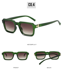 Detailed views of square sunglasses in translucent green with brown gradient lenses