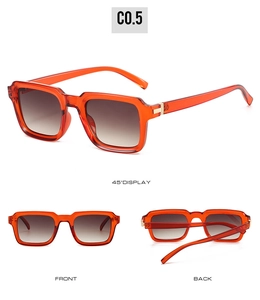 Three-angle view of orange square sunglasses with gradient lenses and T-shaped metal hinges