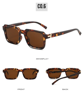 Detailed views of tortoise square sunglasses with brown lenses and gold T-shape metal accents