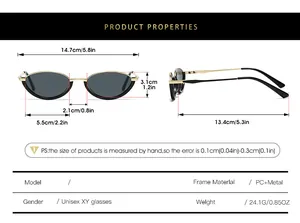 Detailed size guide showing dimensions for the small cat-eye metal frame sunglasses