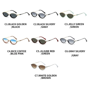 Detailed catalog showing seven color variants of metal cat-eye sunglasses with oval frames