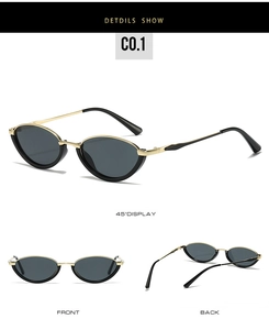 Multi-angle views of narrow cat eye sunglasses with metal frame and dark grey lenses