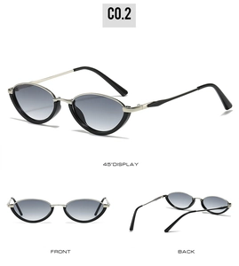 Three-view layout of retro cat-eye sunglasses with metal frames and grey gradient lenses
