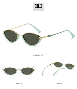 Multi-angle view of mint green cat-eye sunglasses with gold metal frame and grey lenses