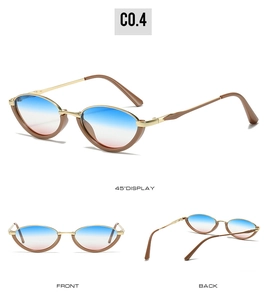 Detailed views of small cat eye metal sunglasses with blue and pink gradient lenses