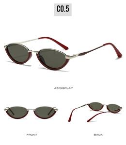 Detailed views of vintage cat-eye sunglasses with burgundy frames and silver metal accents