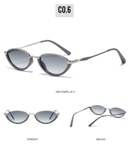 Three views of silver cat-eye sunglasses with grey gradient lenses and metal frame