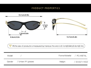 Cat eye sunglasses technical specifications and frame dimensions with metallic gold temples