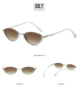 Three-angle views of cat eye metal sunglasses with white frames and gold temples