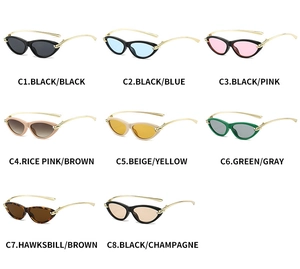Close-up of cat-eye sunglasses collection with metallic twisted knot temples in eight colors