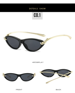 Detailed multi-angle view of cat-eye sunglasses with gold knot metal hinges and black lenses