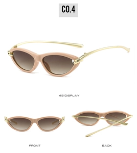 Three-view display of beige cat-eye sunglasses with golden metal knot detail and brown lenses