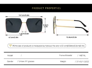 Detailed size chart for rimless square sunglasses showing metal frame measurements
