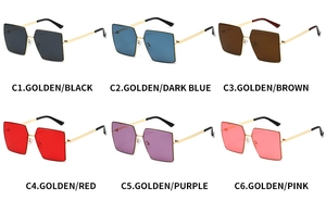 Detailed grid of frameless square sunglasses in six vibrant lens colors with gold metal temples