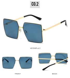 Three views of rimless square sunglasses with dark blue lenses and gold metal frames
