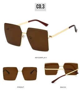 Detail views of rimless square sunglasses with brown gradient lenses and gold temples