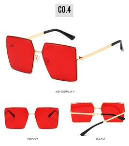 Detailed multi-angle views of red rimless square sunglasses with gold metal temples