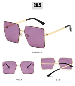 Multiple views of rimless square sunglasses with purple lenses and gold metal frames