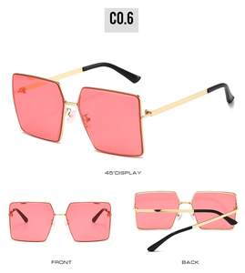 Three-angle view of rimless square sunglasses with pink lenses and gold metal frames
