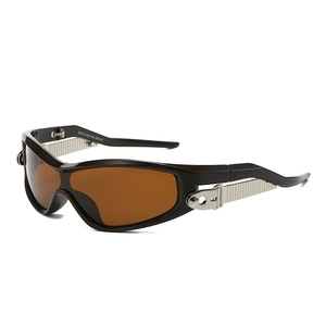 Lunettes de soleil sport Y2K à monture marron foncé avec détails argentés latéraux