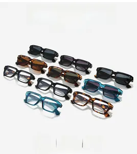 Array of square frame sunglasses and clear lenses in black, tortoiseshell and blue