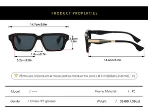 Size guide for square frame sunglasses with detailed dimensions in cm and inches