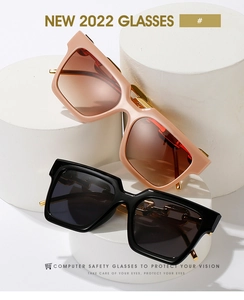 Detail of trendy square sunglasses with gold chain temples and computer vision protection