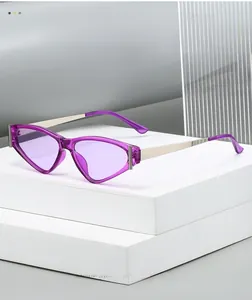 Gros plan de lunettes œil-de-chat avec verres violets et branches en métal doré