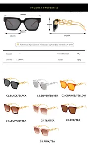 Detailed size chart for chain-link sunglasses with 145mm width and multiple color options