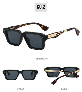 Three-angle view of vintage square sunglasses with gold metal trim and dark grey lenses