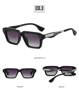 Three-angle view of square black sunglasses with gradient lenses and silver temple details