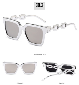 Front and back views of silver chain temple sunglasses with grey lenses and metal frame