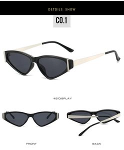 Vues sous trois angles de lunettes œil-de-chat rétro avec monture noire et branches d'or