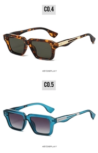 Detail view of square sunglasses in tortoiseshell and transparent blue at 45 degree angle