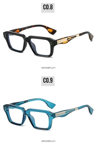 Close-up of square frames with dual-rivet design and metallic accents on the temples