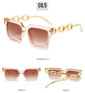 Multiple views of champagne square sunglasses with chunky gold chain temples
