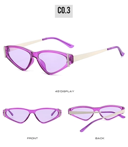 Vues sous trois angles de lunettes de soleil œil-de-chat mauves avec branches en or