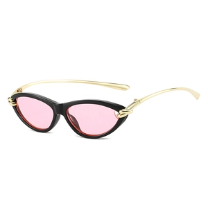 Retro cat-eye sunglasses with black frames, pink lenses, and golden metal temples