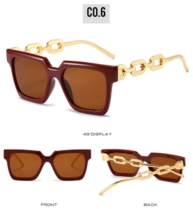 Three views of retro square sunglasses featuring elegant gold metal chain temples and burgundy frames