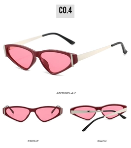 Vue en trois angles de lunettes œil-de-chat avec monture bordeaux et verres roses