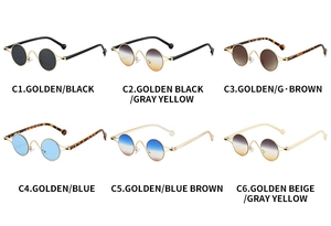 Six pairs of vintage oval sunglasses in gold frames with varied colorful lens options