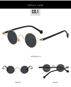 Detailed views of silver oval sunglasses with metallic frames and dark round lenses