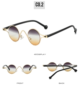 Detail view of oval silver sunglasses with gold frames and gradient lenses from three angles