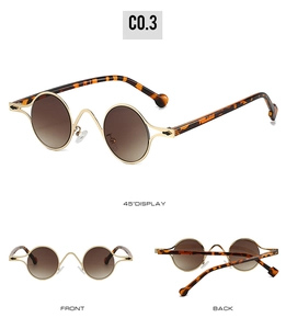 Detailed views of silver oval sunglasses with golden metal frames and leopard pattern temples