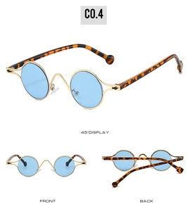 Detailed views of vintage silver oval sunglasses with leopard print arms and blue lenses